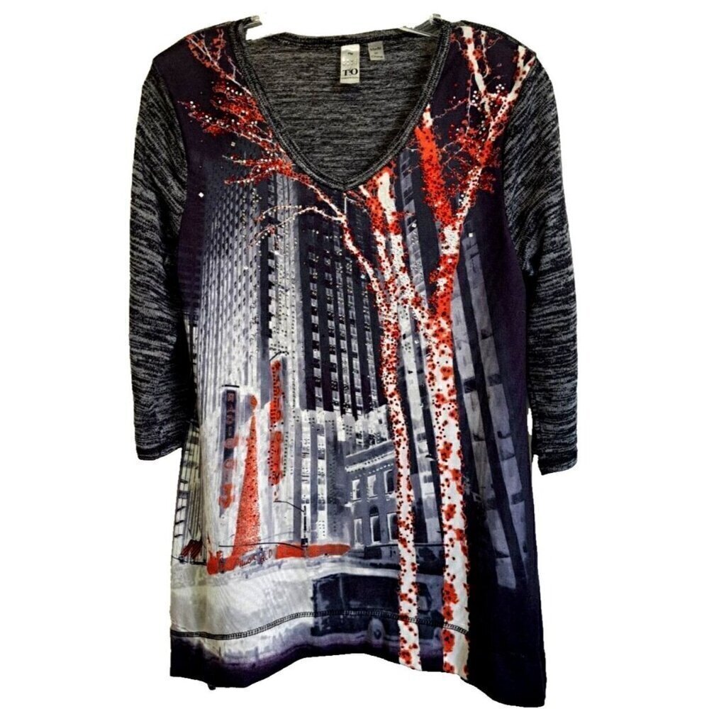 T/O Thomas & Olivia PM Multicolor 3/4 Sleeve Pullover Scenic Tunic Embellished